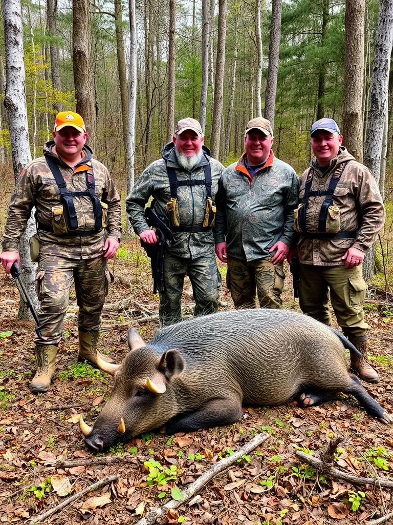 A photograph of SCCF members participating in a boar hunting activity in the Flavin region, showcasing teamwork and responsible hunting practices.