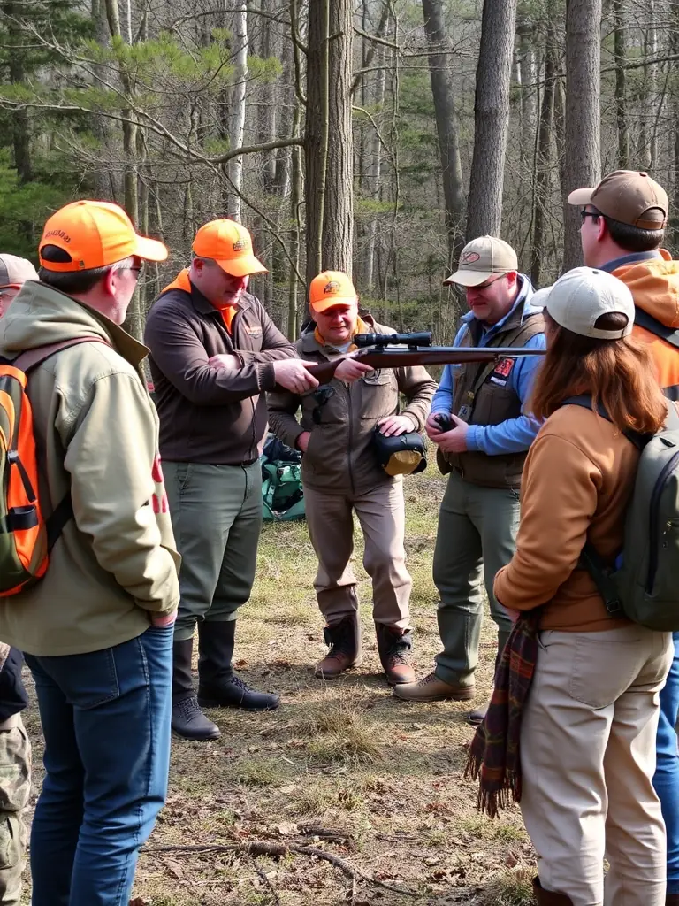 A photograph capturing a group of hunters participating in a controlled pheasant hunting activity in a field near Flavin, France, showcasing responsible hunting practices.