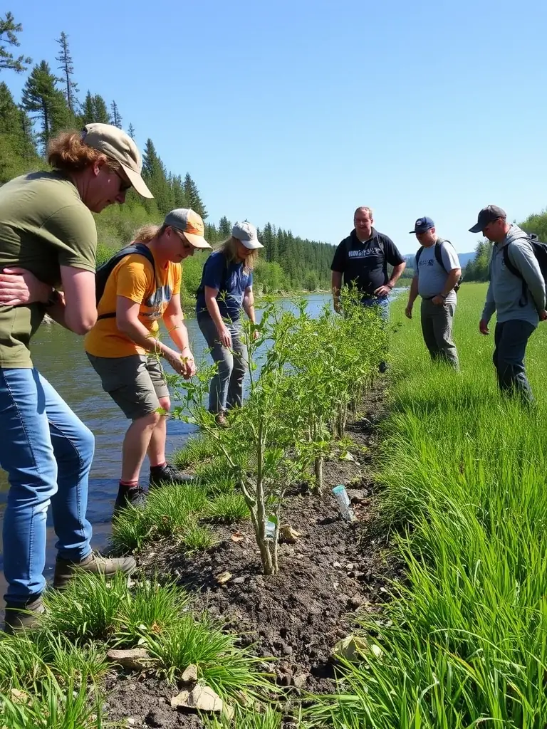 A photograph of SCCF members conducting habitat restoration work, planting native trees and shrubs to improve the local ecosystem.